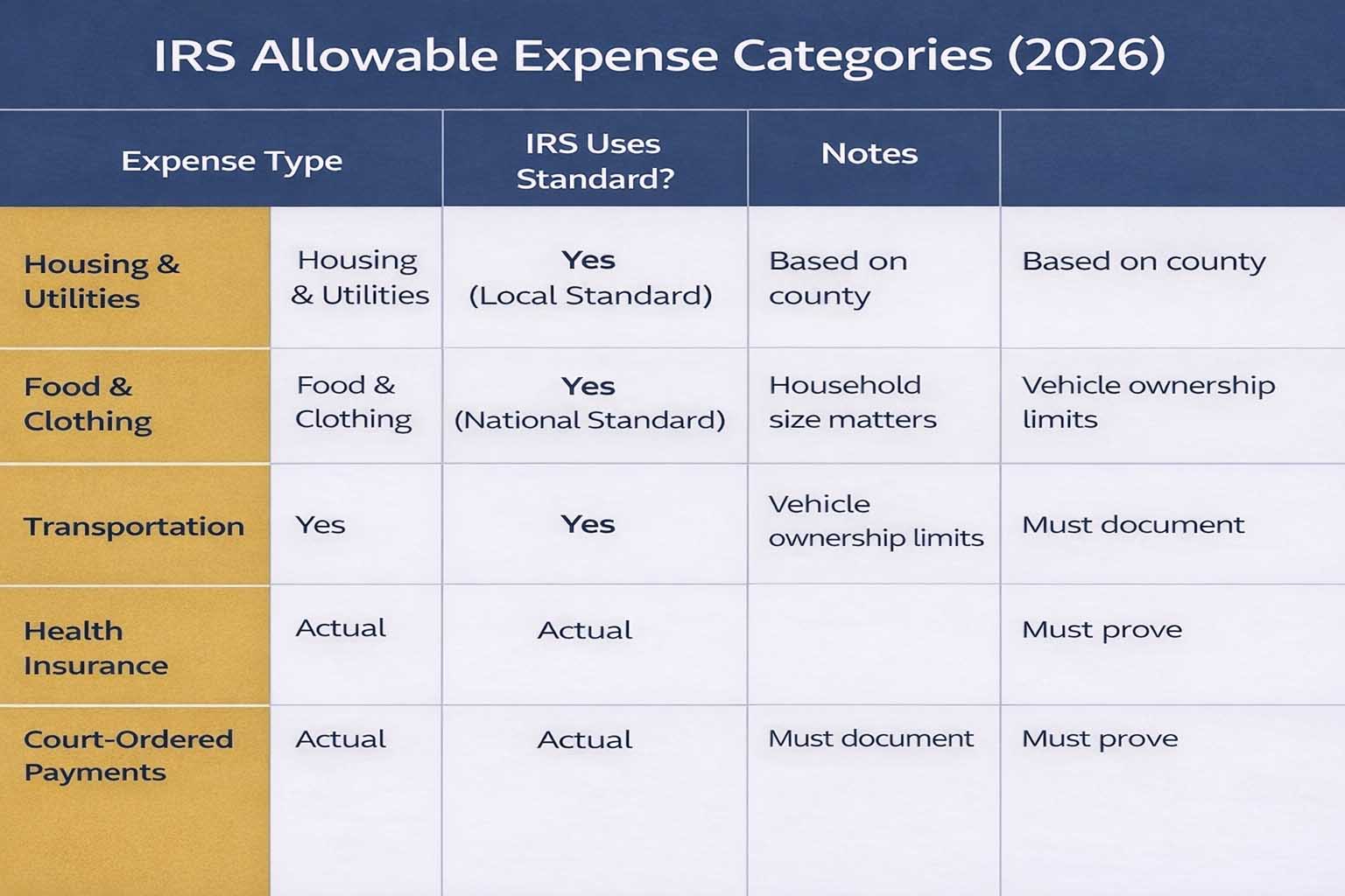 IRS Allowabele axpense catagories